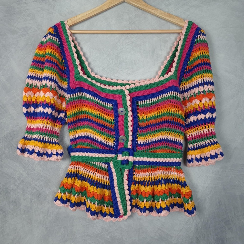 Farm Rio Sweater Womens Medium Multi Stitches Crochet Belted Square Neck
